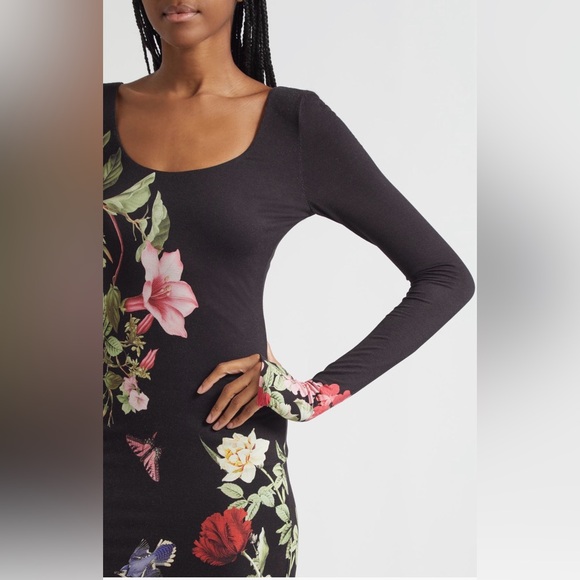Alice + Olivia Delora scoop neck long sleeve floral  midi dress thumb holes 10 - Picture 6 of 13